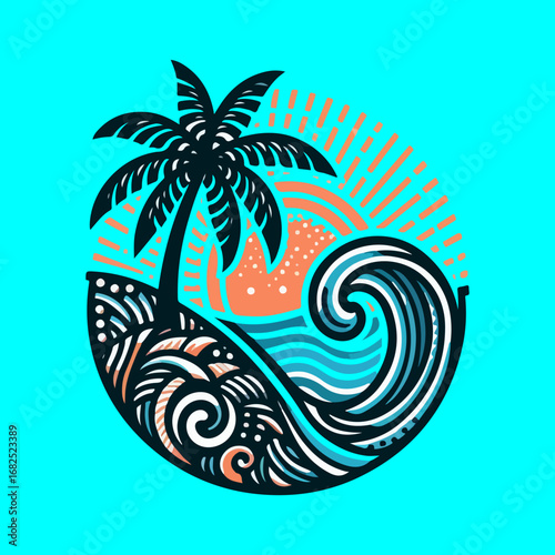 Tropical beach scene with palm tree and ocean waves, summer vacation concept.