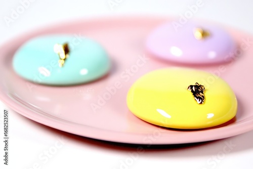 Three pastel-colored, dome-shaped objects with gold accents rest on a pink plate