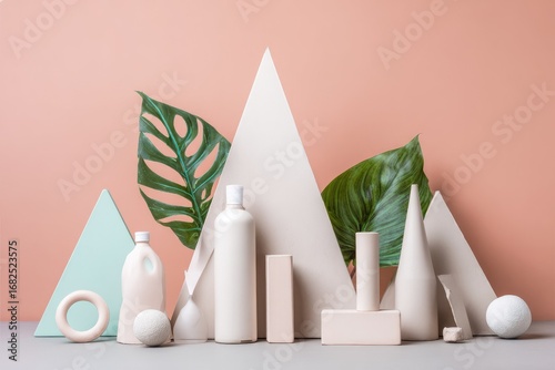 Minimalist still life with geometric shapes,  bottles, and tropical leaves (1)