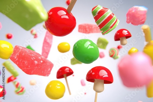 Colorful candies and sweets float in mid-air against a neutral backdrop