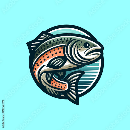 Vibrant fish illustration in a circular emblem design.