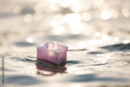 Pink candle afloat on shimmering water, sunlit bokeh