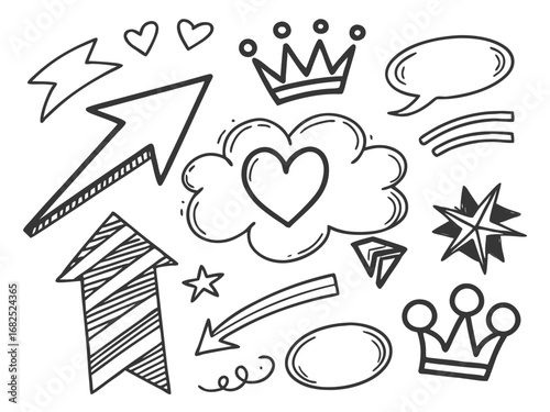 Doodle collection with arrows, crowns, and hearts Keywords: doodle, hand drawn, sketch, arrow