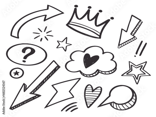 Doodle elements including question mark and exclamation marks Keywords: doodle, hand drawn