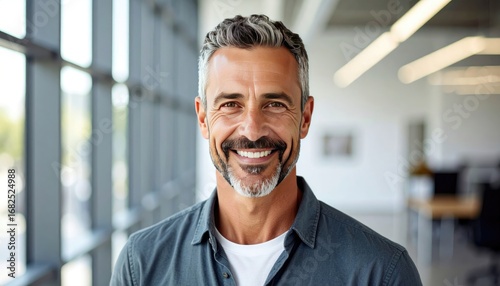 A mature man with graying hair and a short beard smiles brightly in a brightly lit hallway with large windows. His shirt is dark gray