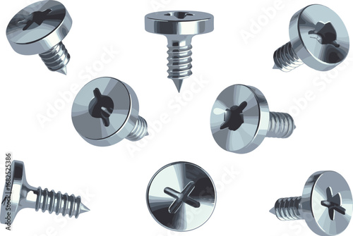 Phillips head screws, metal screw set, steel fasteners collection, industrial hardware tools, cross slot screws, realistic illustration, engineering parts, mechanical screw types