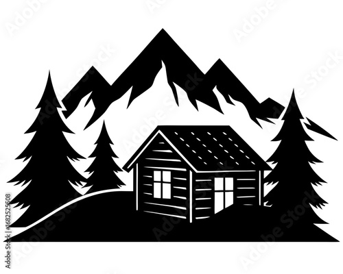 Black silhouette of a log cabin nestled among pine trees with mountains in the background vector illustration