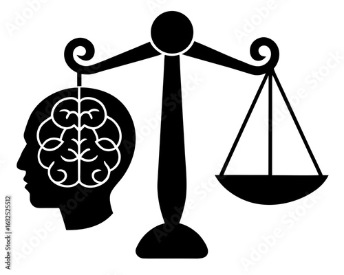 Black silhouette of a balance scale weighing a human head with a brain against an empty scale pan vector illustration