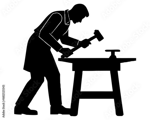 Black silhouette of a blacksmith working at an anvil with a hammer vector illustration