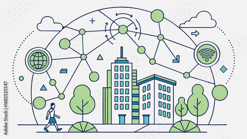 World Urbanism Day Vector Illustration, Geometric Cityscape with Green Spaces, Sustainable Urban Design