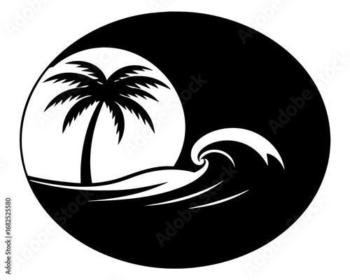 Tropical beach scene with a palm tree and ocean wave silhouette vector illustration