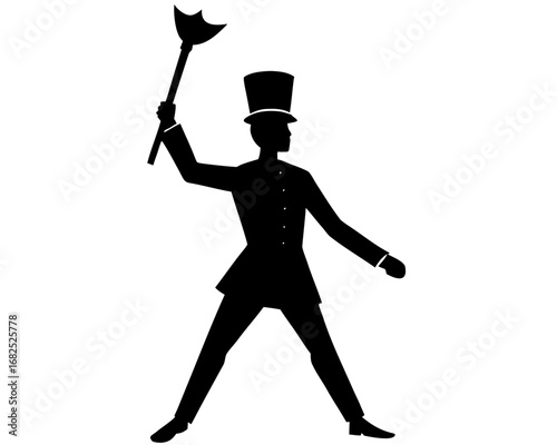 Silhouette of a chimney sweep in a top hat holding a brush,  vector illustration