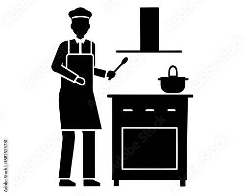 Chef in apron and hat standing by a stove with a pot, silhouette vector illustration