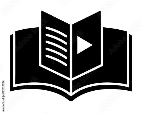 Open book with a play button icon, representing digital learning or multimedia content, silhouette vector illustration