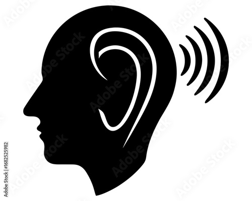 Silhouette of a human head with sound waves emanating from the ear, vector illustration
