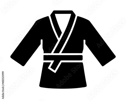 Black judo gi with belt tied, silhouette vector illustration