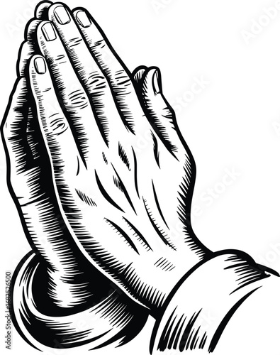 Praying hands illustration, black and white drawing, religious symbol, faith and hope, spiritual gesture, devotion, classic art, prayer concept, hand art, trust, belief, worship, vintage style