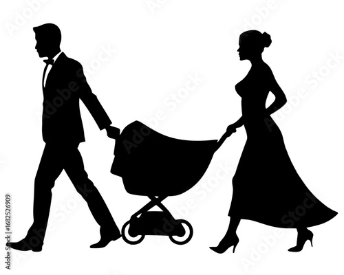 Couple walking with a baby stroller, silhouette vector illustration