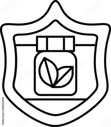 A shield with a bottle of medicine and a leaf on it