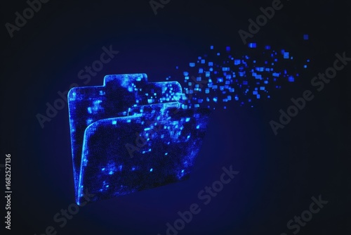 Glowing blue digital folder icon dissolving into pixels