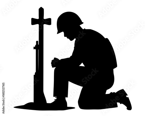 Soldier kneeling in prayer before a cross, silhouette vector illustration
