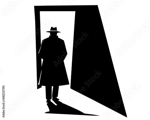 Man in trench coat and hat walking through an open doorway, silhouette vector illustration