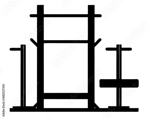 A black silhouette of a weightlifting rack and equipment,  vector illustration