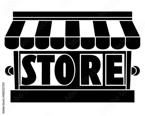 Black and white illustration of a store facade with a striped awning and the word store prominently displayed silhouette vector illustration