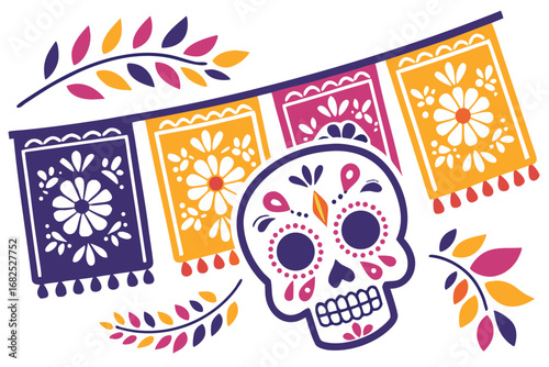Day of the Dead Vector Illustration, Colorful Sugar Skull Calavera with Marigolds, Papel Picado and Candles