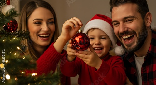 Happy family decorating christmas tree with a red ornament, smiling and laughing together