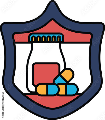 A shield with a pill bottle and pills on it