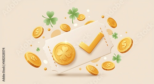 Concept of financial success and good fortune, with a winning ticket and golden checkmark surrounded by lucky shamrocks and gold coins. 3D illustration for a celebration