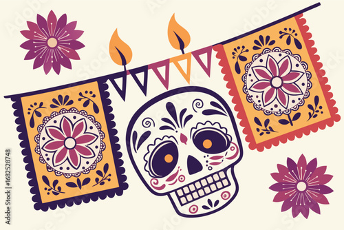 Día de los Muertos Vector Illustration - Vibrant Sugar Skull with Floral Patterns