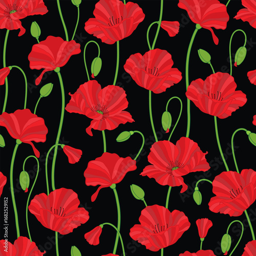 Vector illustration. Red poppy flowers on black background seamless repeat pattern. Best for wallpaper and home decor.
