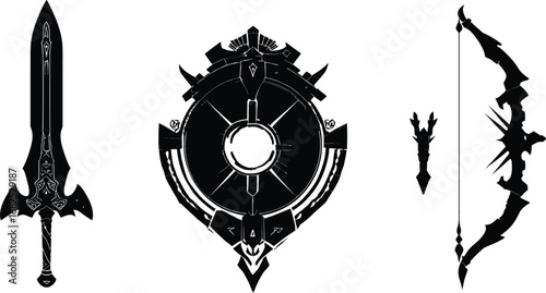 Fantasy Weapon Silhouettes – Sword, Shield & Bow in Ornate Black and White Design