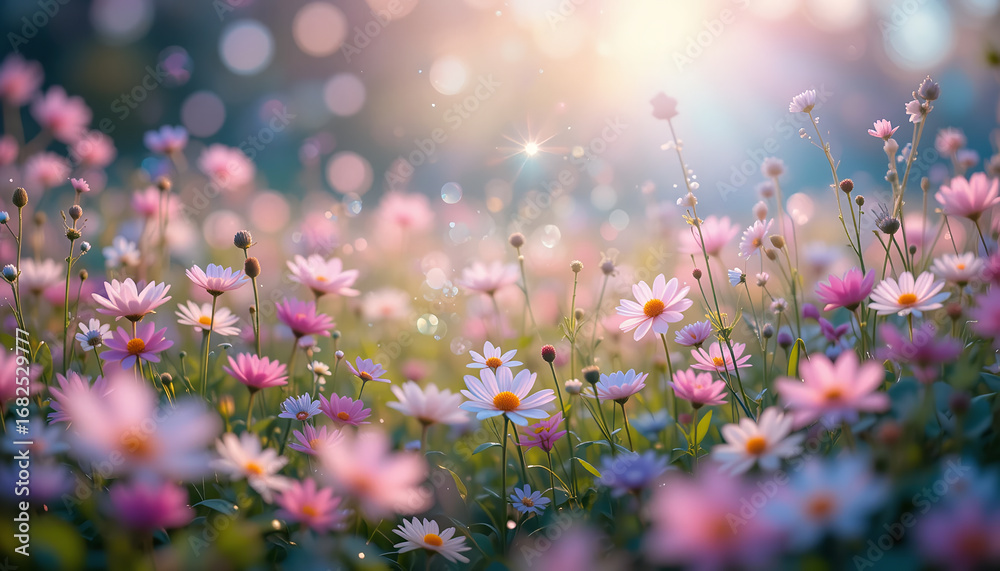 Obraz premium Pink White Daisy Flowers Blooming in Sunlit Garden with Soft Bokeh and Warm Light