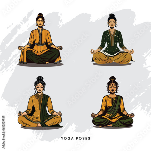 Female yoga pose in kurti, pastel soft tones, wellness and meditation concept, cultural fitness illustration.