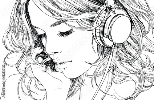 Immersed in Sound – Line Art of Serene Listener with Headphones and Flowing Hair