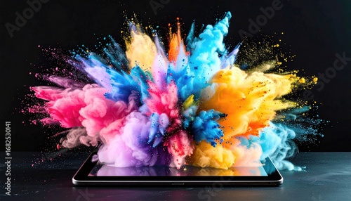 A digital tablet emits a vibrant explosion of colorful powder paints against a dark background, creating an impressive display of color and texture