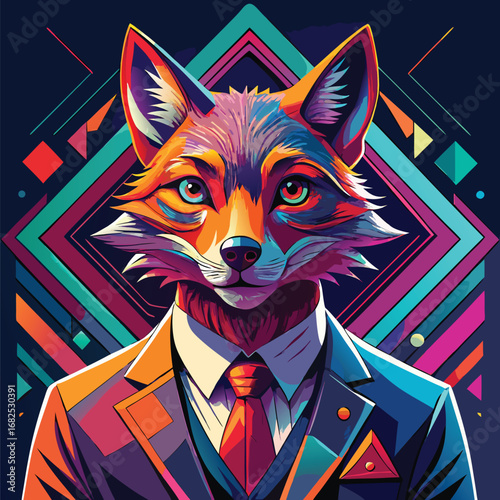 Vibrant Geometric Anthropomorphic Fox Portrait, Digital Pop Art Character in Suit, Psychedelic Neon Illustration