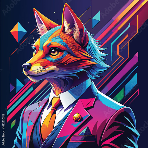Vibrant Geometric Anthropomorphic Fox Portrait, Digital Pop Art Character in Suit, Psychedelic Neon Illustration