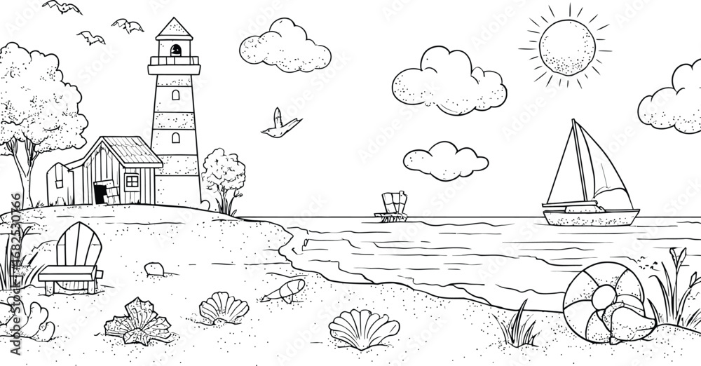 Naklejka premium Coastal Scene Line Art – Lighthouse, Beach Elements, Sailboat & Seaside Wildlife