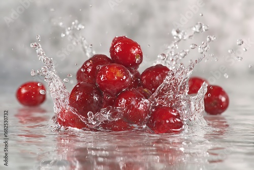 Vibrant red berries splashing into clear water, creating a dynamic, refreshing image
