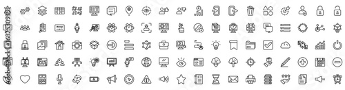 User interface icon collection set. Notification, setting, Gallery, Camera, Log in, Log out, Download, Upload, Network and Folder