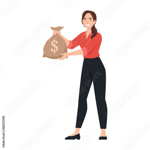 Cheerful woman holding a large money bag with a dollar sign, wealth, or financial success. Flat vector illustration isolated on white background