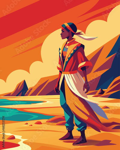Vibrant Digital Illustration of Person on Tropical Shoreline, Stylized Oil Painting with Warm Orange and Red Palette
