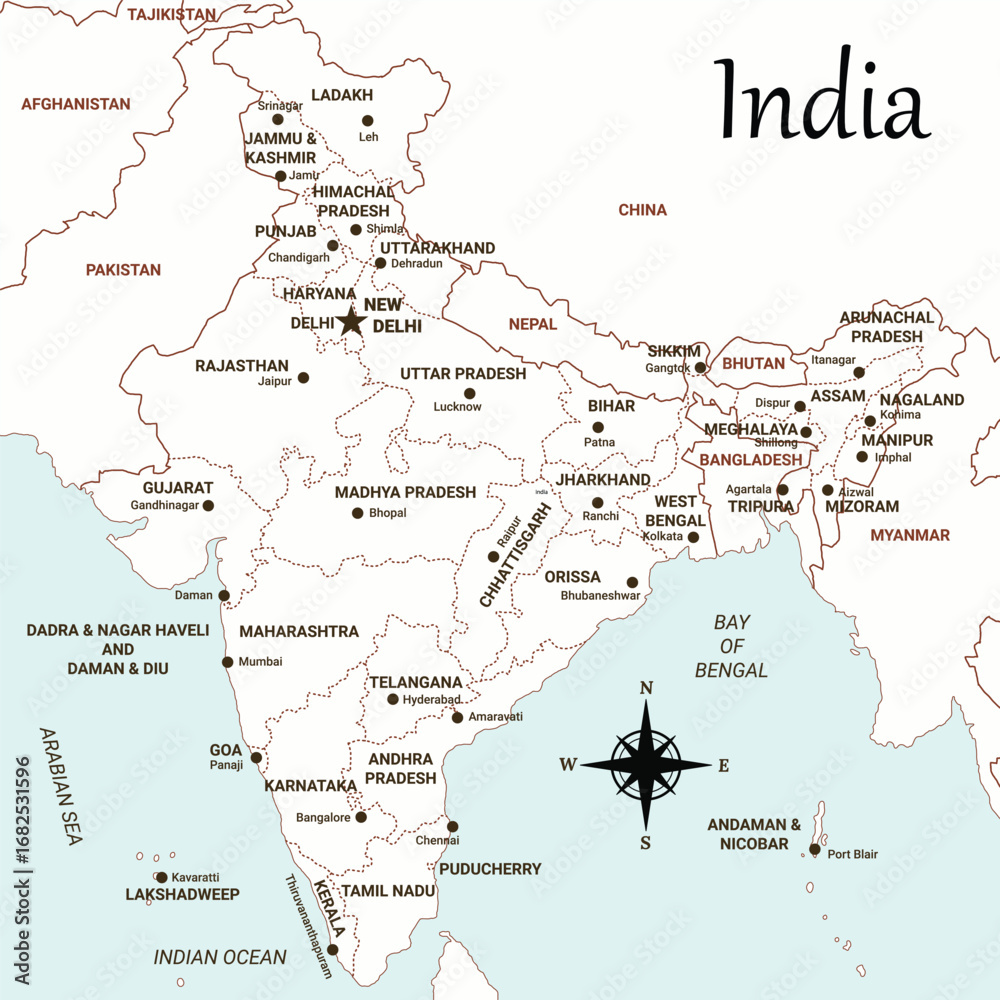 Obraz premium Outline of India Map with Labelled States Name vector illustration 