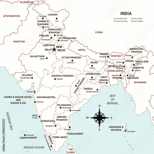 Outline of India Map with Labelled States Name and Capital Star Mark vector illustration 