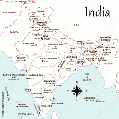 Outline of India Map with Labelled States Name vector illustration 