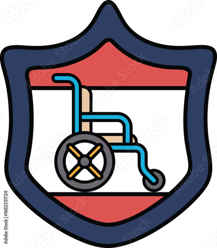 A black and white image of a wheelchair with a shield behind it